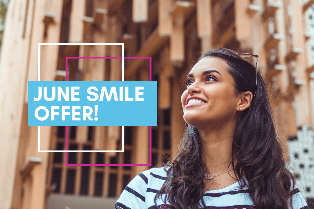 Woman smiling with text "June special offer"