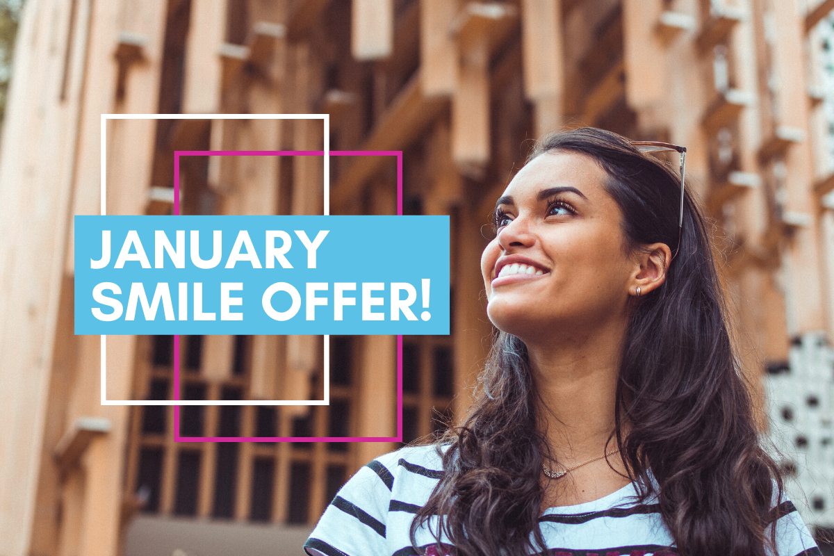 Woman smiling with text "January special offer"