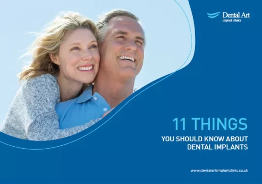 A smiling couple. Text - 11 things you should know about dental implants