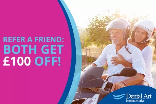 A couple riding a scooter. Text - Refer a friend: both get £100 off!
