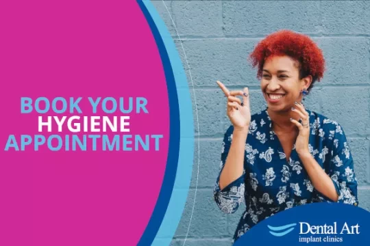 Woman smiling and pointing. Text - Book your hygiene appointment. 