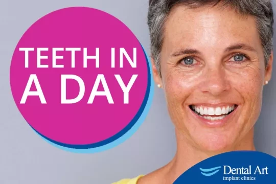 Woman smiling. Text - Teeth in a day. 