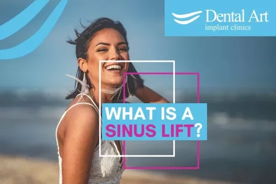Smiling woman in a white dress. Text - What is a sinus lift?